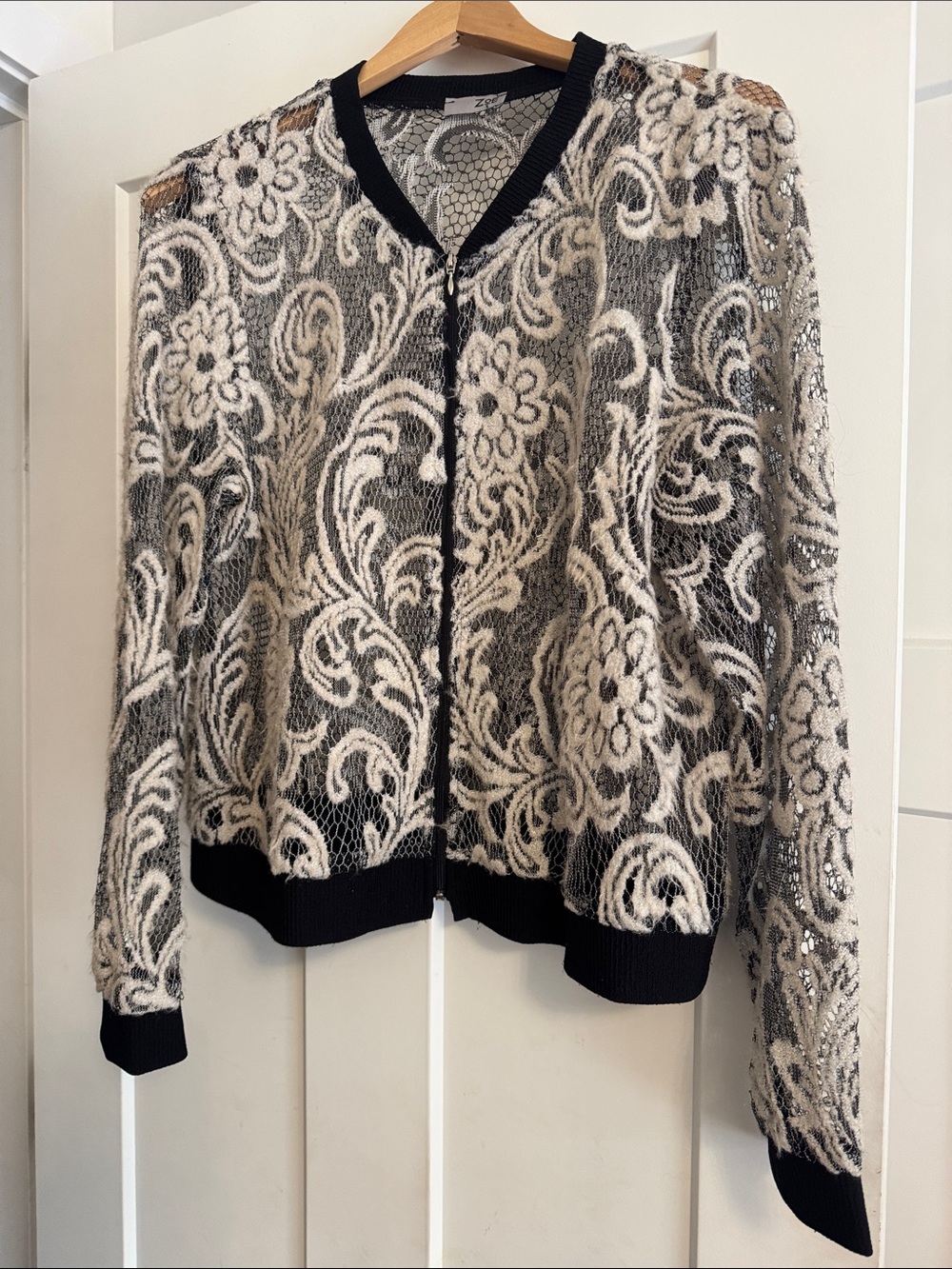 Sheer Floral Lace Cardigan with Black Trim